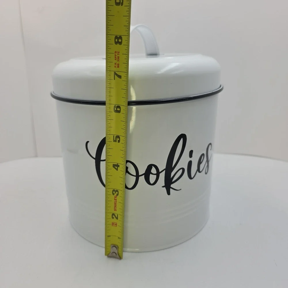 Farmhouse White‎ Metal Cookie Jar Canister Rustic Kitchen Counter Storage Tin